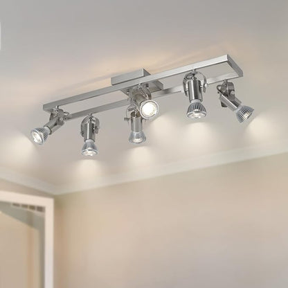 KEESFU 6-Light Nickel Track Lighting Fixtures Ceiling, Modern Silver LED Track Lighting with 6 Rotatable Heads, for Kitchen, Hallway, Living Room (Bulbs Not Included)