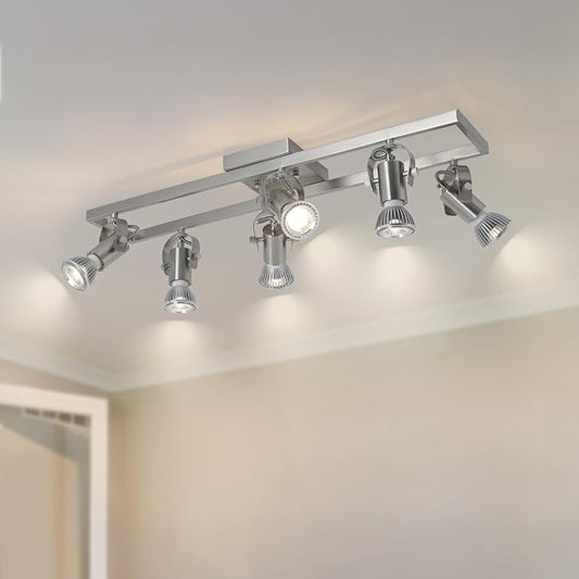 KEESFU 6-Light Nickel Track Lighting Fixtures Ceiling, Modern Silver LED Track Lighting with 6 Rotatable Heads, for Kitchen, Hallway, Living Room (Bulbs Not Included)