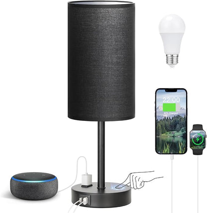 Fenmzee Touch Nightstand Lamp - Black, 3-Way Dimmable, USB A + C Charging, AC Outlet, 17.4inch Medium