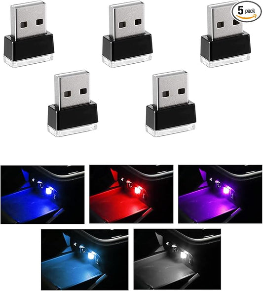 5 PCS USB LED Car Interior Atmosphere Lamp, Portable Mini LED Night Light, Plug-in USB Interface Trunk Ambient Lighting Kit, Universal Interior Car Accessories (Blue+Red+Ice Blue+White+Purple)