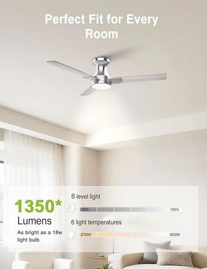 DAMINY 42 inch Ceiling Fans with Lights,3 Blades,6CCT, Low Profile Ceiling Fan with Light and Remote Control,Ceiling Fan for Bedroom, Kitchen,Indoor/Outdoor Use,Flush Mount-Nickel