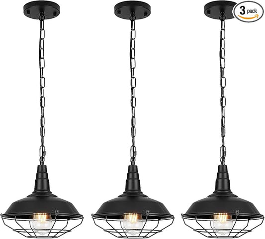 Black Pendant Light Kitchen Island 3 Pack, Farmhouse Pendant Light with Metal Wire Cage, Industrial Hanging Lights for Kitchen Sink Barn Dining Room