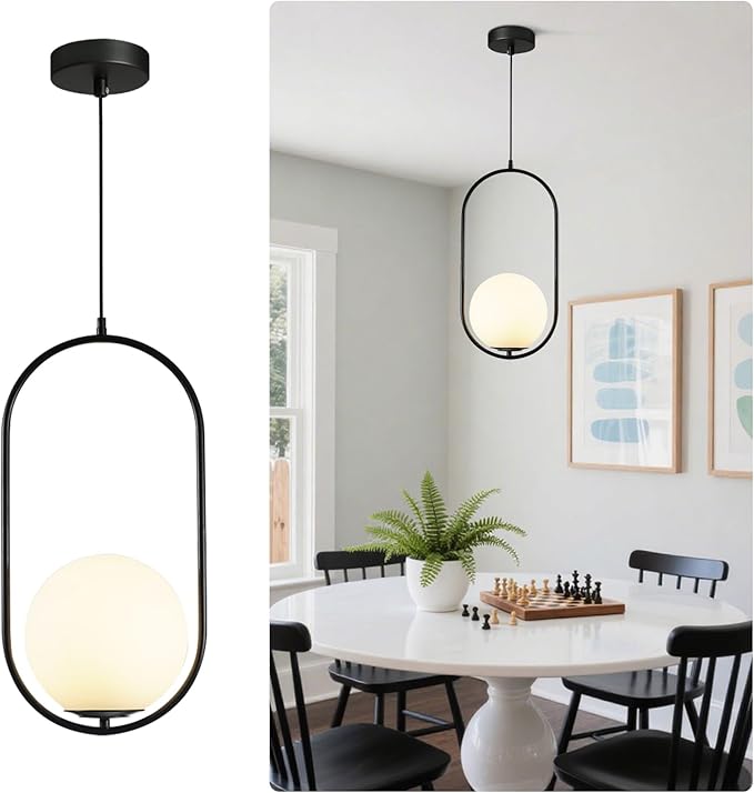 Modern Black Pendant Light, Bedside Matte Pendant Lights with White Glass Shade, Large Globe Ceiling Light for Kitchen Island Bedroom