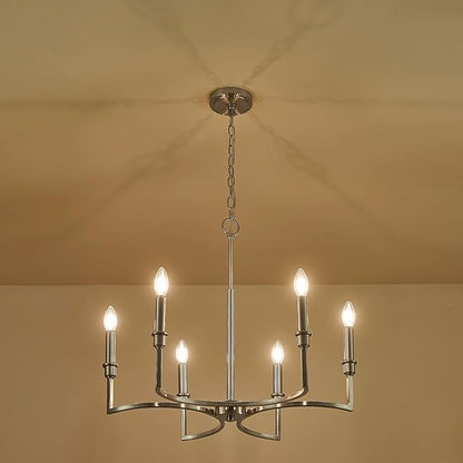 Brushed Nickel Chandelier Light Fixture 6-Light Candle Dining Room Chandelier Lighting Over Table Metal Chandeliers for Bedroom Kitchen Island Foyer Entryway, 26in