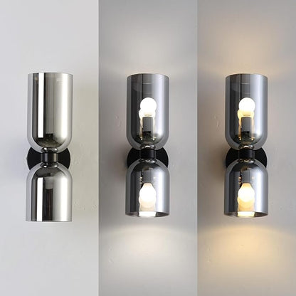 Modern Glass Wall Sconces- Double Head Wall Lighting with Long Short Glass Shades- Bathroom Vanity Light Mid-Century Up Down Hardwired Wall Lamp Indoor for Bedroom Hallway Living (Black-Gray)