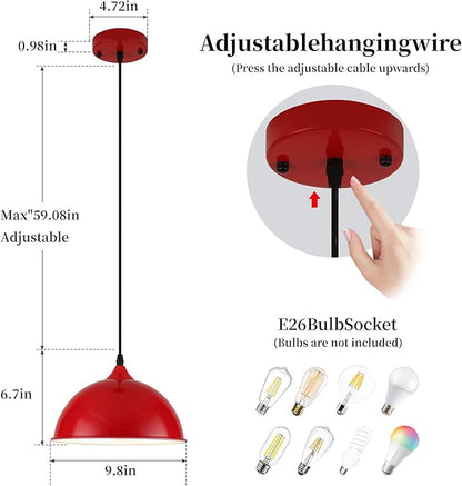 9.8 inch Modern Farmhouse Pendant Lights Kitchen Island 3 Pack, Red Dome Pendant Lights, Vintage Industrial Kitchen Pendant Lighting, Island Lights for Kitchen, Dining Room