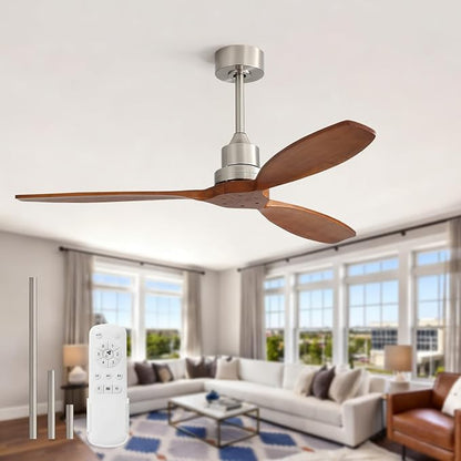 Sofucor Ceiling Fan no Lights, 52 Inch Modern Wood Ceiling Fan with Remote, 3 Wooden Blades and 3 White Downrods, for Indoor Bedroom Living Room Outdoor Patio Porch, Reversible DC Motor, Brown