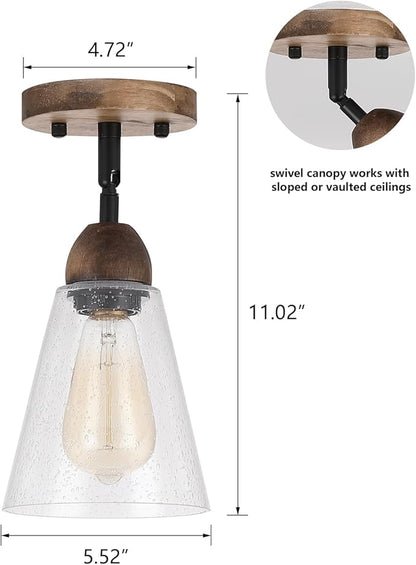 Rustic Farmhouse Glass Flush Mount Ceiling Light Fixture Mini Clear Seeded Glass Shade and Oak Wood Semi Flush Mount Ceiling Light for Kitchen Hallway Entryway Sink Farmhouse