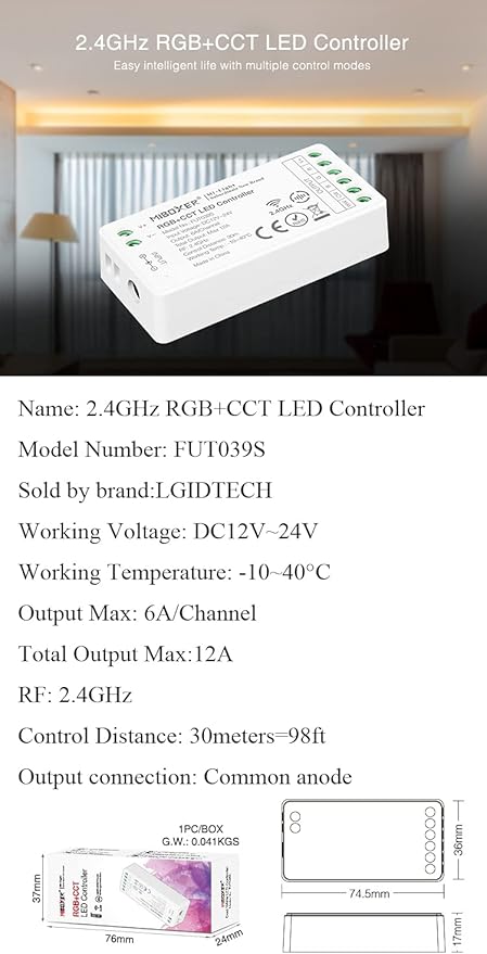 LGIDTECH FUT039S RGB+CCT Color LED Strip Light Controller,Input DC 12-24V,Output Max 12A