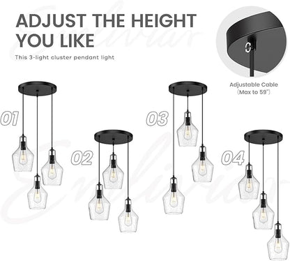 Emliviar 3-Light Chandelier Hanging Light Fixture, Modern Cluster Pendant Lighting for Kitchen Island with Clear Seeded Glass, Black Finish, DYE286G2-3 BK