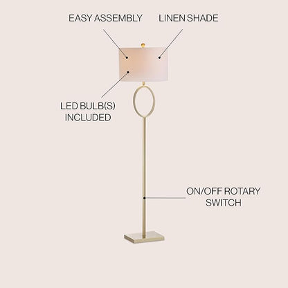 JONATHAN Y 61" Brass Gold Metal LED Floor Lamp for Living Room Modern Hoop Design Standing Lamp, White Linen Drum Shade, Bedroom Home Office, LED Bulb Included JYL1089A