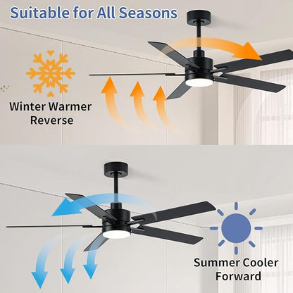 LANMEL 52'' Black Ceiling Fans with Lights and Remote, 6 Speed Low Profile Modern Ceiling Fan with Quiet DC Motor for Indoor Outdoor Bedroom Living Room
