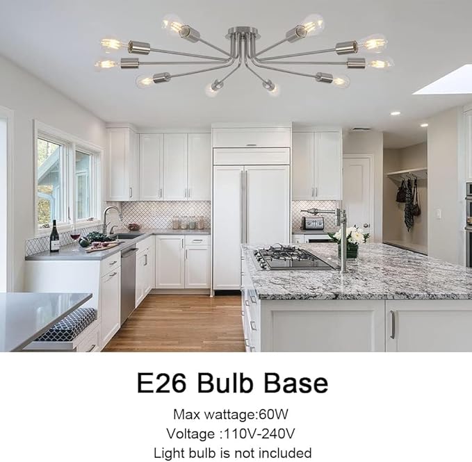 10 Lights Sputnik Ceiling Light Fixture Brushed Nickel Semi Flush Mount Light Ceiling Lamp for Living Room Foyer Dining Room Kitchen Hallway Cafe