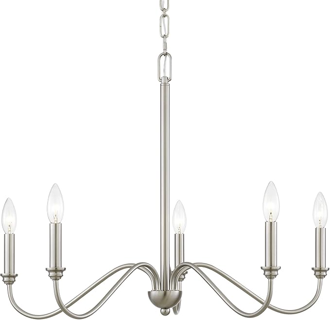 Kira Home Archer 28" 5-Light Farmhouse Chandelier, Brushed Nickel Ceiling Fixture with Elegant Curved Swoop Arms, Brushed Nickel Finish