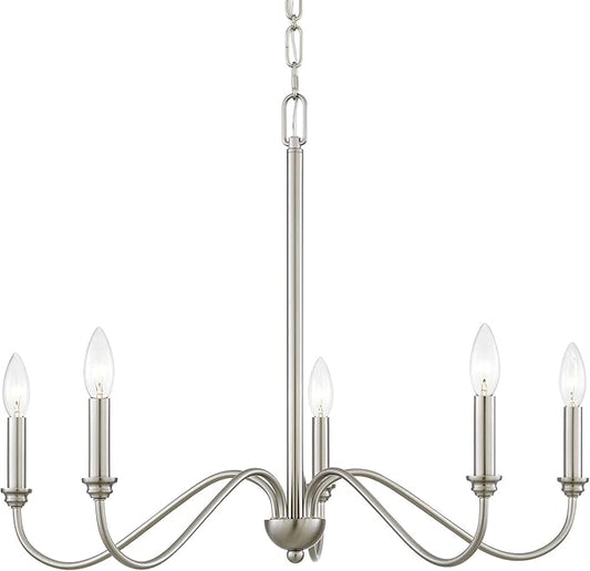 Kira Home Archer 28" 5-Light Farmhouse Chandelier, Brushed Nickel Ceiling Fixture with Elegant Curved Swoop Arms, Brushed Nickel Finish