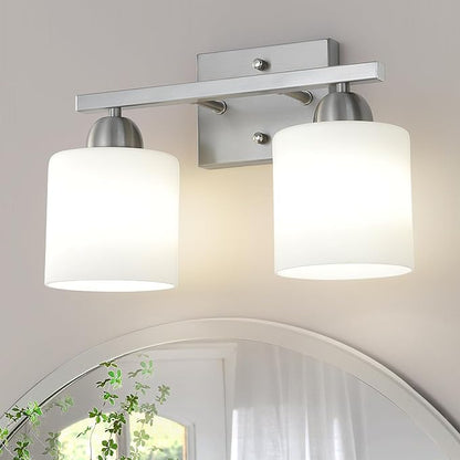 Mecgirn Stainless Steel Milk Glass Vanity Lights for Bathroom, 2 Light Brushed Nickel Bathroom Light Fixtures Over Mirror, Ceramic E26 Sockets Wall Mounted