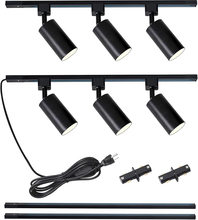 Plug in Track Lighting with Power Cord, 6-Light GU10 Track Lighting Kit with 6.6FT H Type Track Lighting Rails, Modern Kitchen LED Track Lighting Fixtures Ceiling Spot Light, Black (No Bulbs)