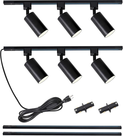 Plug in Track Lighting with Power Cord, 6-Light GU10 Track Lighting Kit with 6.6FT H Type Track Lighting Rails, Modern Kitchen LED Track Lighting Fixtures Ceiling Spot Light, Black (No Bulbs)