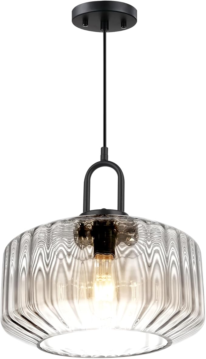 Clear Glass Pendant Light Fixture Kitchen Island Farmhouse Dining Room Pendant Lights Striped Wave Globe Lamp Shade Black Metal Light fixtures Modern Glass Ceiling Hanging Lighting