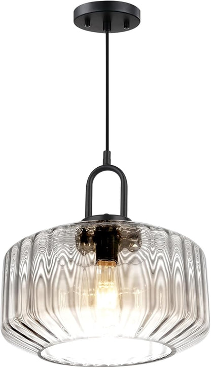 Clear Glass Pendant Light Fixture Kitchen Island Farmhouse Dining Room Pendant Lights Striped Wave Globe Lamp Shade Black Metal Light fixtures Modern Glass Ceiling Hanging Lighting