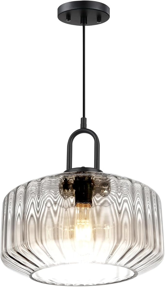 Clear Glass Pendant Light Fixture Kitchen Island Farmhouse Dining Room Pendant Lights Striped Wave Globe Lamp Shade Black Metal Light fixtures Modern Glass Ceiling Hanging Lighting