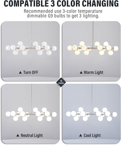 Glass Globe Sputnik Chandelier, 16-Light Mid Century Modern Light Fixture Over Table, Linear Chandeliers for Dining Room, Kitchen Island, Nickel and Milk White Bubble, 40 Inch, GC-02