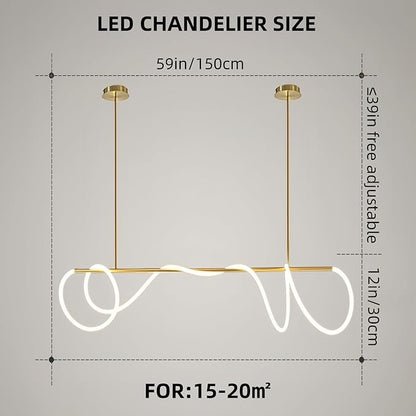SMG Modern LED Linear Pendant Light for Dining Room, Dimmable Gold Chandelier for Office, 59" DIY Ceiling Chandelier Light with Remote Control Stepless Dimming, Restaurant Kitchen Long Hose Lamp