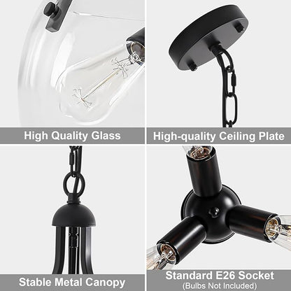 3-Lights Modern Pendant Lights Kitchen Island, Matte Black Hanging Light Fixtures with 15.8" Clear Glass Shade, Industrial Hanging Chandelier for Kitchen Entryway Bedroom Foyer