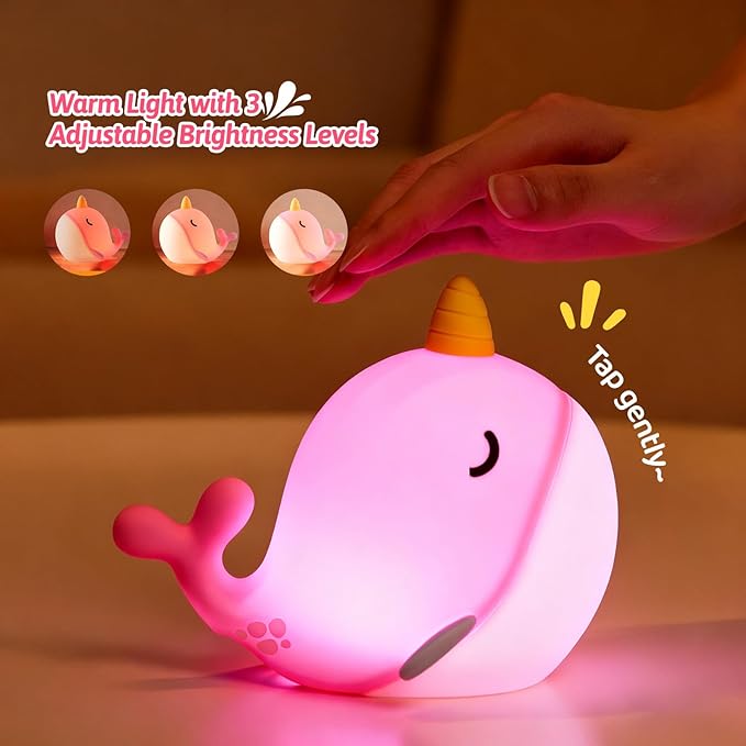 Narwhal Night Light for Kids, Portable Squishy Kawaii Lamp, USB Rechargeable Silicone LED Dimmable RGB Ocean Lamp with Timer, Birthday Cute Gifts for Boys Girls Bedroom/Nursery Decor