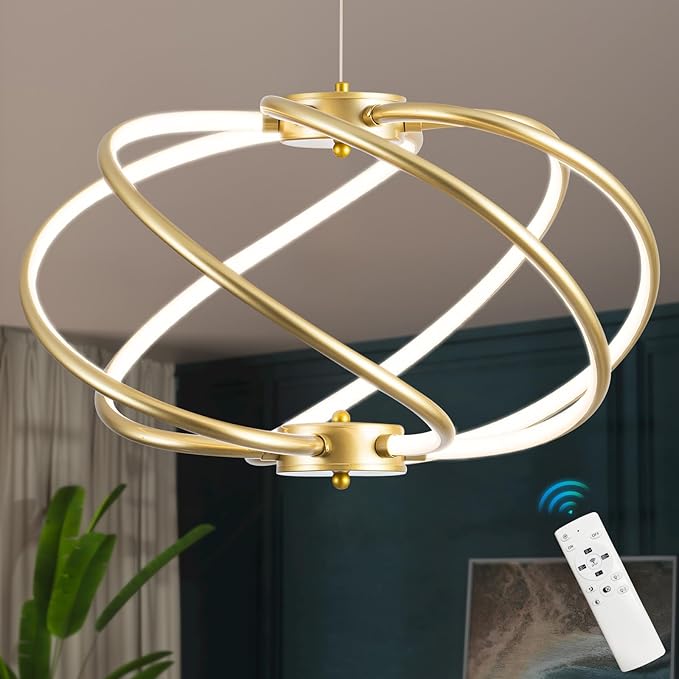CHYING Modern Gold Chandelier with Remote Control, 48W 3-Color Temperature Dimmable LED Chandelier for Dining Room, Hanging Adjustable Pendant Light for Living Room Kitchen Entryway Foyer
