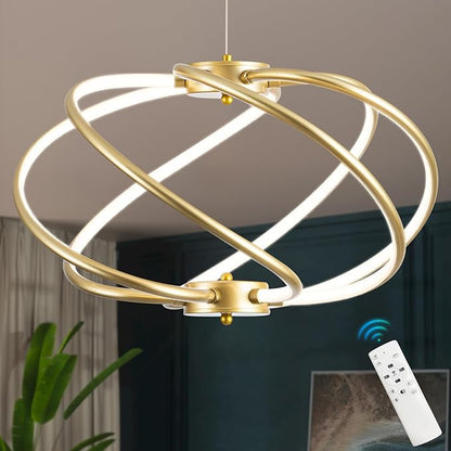 CHYING Modern Gold Chandelier with Remote Control, 48W 3-Color Temperature Dimmable LED Chandelier for Dining Room, Hanging Adjustable Pendant Light for Living Room Kitchen Entryway Foyer
