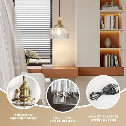 Plug in Pendant Light Clear Glass Striped Pendant Light Fixtures Vintage Glass Hanging Lighting 1-Light with Plug in Cord Mid Century Modern Hanging Lights for Kitchen Island Living Room