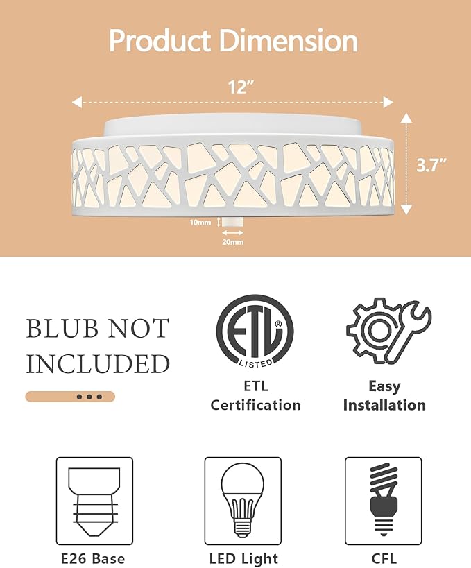 2-Light Flush Mount Ceiling Light, 12 Inch Modern Light Fixtures Ceiling Mount with White Metal and Frosted Glass Shade for Bedroom,Hallway, Kitchen