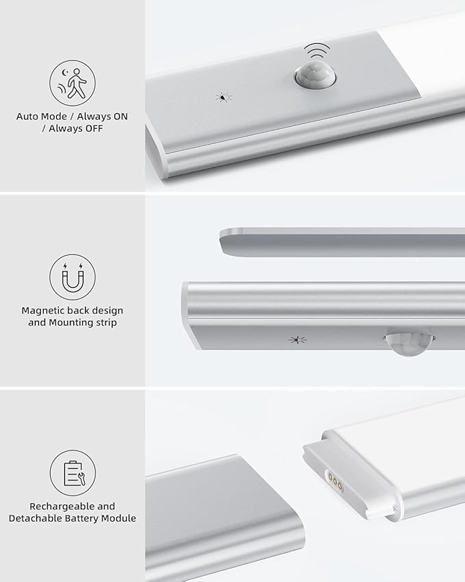 EZVALO 48 LED Under Cabinet Lighting, Motion Sensor Closet Light with Detachable Battery, Wireless LED Magnetic Light for Kitchen, Wardrobe-15.8Inch