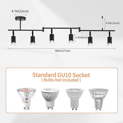 6-Light Black Track Lighting Fixtures Ceiling, Flexible Foldable Arm and Rotatable Light Head,Modern LED Track Lighting for Kitchen Islands, Dining Rooms(GU10 Socket, Bulbs Not Included)