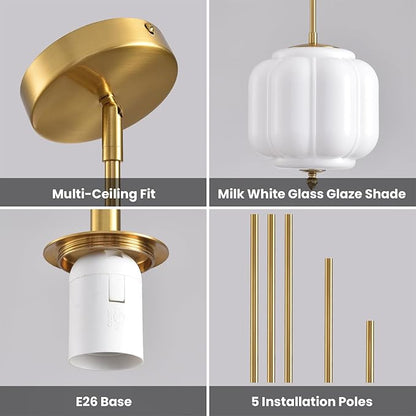 Vintage Milk Glass Pendant Lights 9.8 Inch Mid Century Modern Hanging Ceiling Light, Adjustable Height Kitchen Island Hanging Lights for Dining Room, Kitchen, Hallway and Bedroom, E26 Base