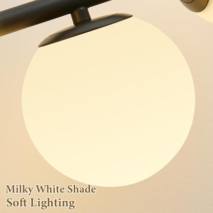 Black LED Bathroom Vanity Light: 5 Lights Mid Century Modern Milk White Glass Globe Vanity Light Fixture over Mirror - Unique Dimmable Hardwired Matte Black Bath Room Makeup Globe Wall Sconce Lighting