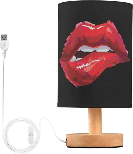 Sexy Biting Lips Woman Red Lip on Black Table Lamp with Wood Base Fabric Lamp Shade Bedside Nightstand Desk Lamp for Living Room Bedroom Kids Room Office
