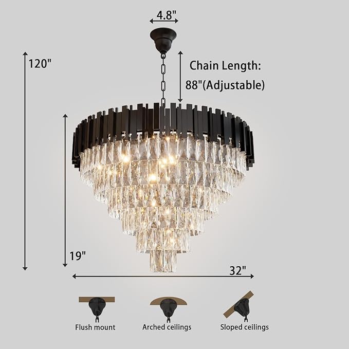 Large Crystal Chandeliers, Modern 32" Black Pendant Light, 6-Tier Round Crystal Ceiling Chandelier for High Ceiling, Foyer, Living Room, Staircase, Dining Room
