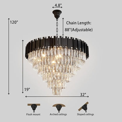 Large Crystal Chandeliers, Modern 32" Black Pendant Light, 6-Tier Round Crystal Ceiling Chandelier for High Ceiling, Foyer, Living Room, Staircase, Dining Room