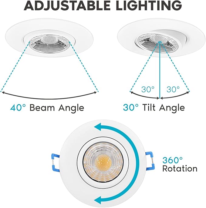 LUXRITE 3 Inch Gimbal LED Recessed Light with Junction Box, 5CCT Color Selectable 2700K-5000K, Dimmable Adjustable Eyeball Swivel Lights, 600 Lumens, 8W, IC Rated, Damp Rated, ETL Listed