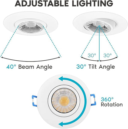 LUXRITE 3 Inch Gimbal LED Recessed Light with Junction Box, 5CCT Color Selectable 2700K-5000K, Dimmable Adjustable Eyeball Swivel Lights, 600 Lumens, 8W, IC Rated, Damp Rated, ETL Listed