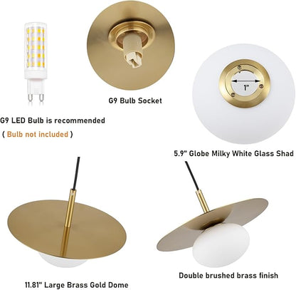 BYOLIIMA Modern Globe Pendant Lighting Set of Two Milky White Glass Shade Brass Gold Farmhouse Pendant Light 11.81" Dome Industrial Hanging Ceiling Light Fixture Kitchen Island Dinning Room Bedroom