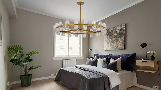 36 Inch Gold Crystal Wagon Wheel Chandelier, Modern Farmhouse Round 36-Lights Pendant Lighting Fixture, for High Ceilings Living Room, Bedroom, Foyer