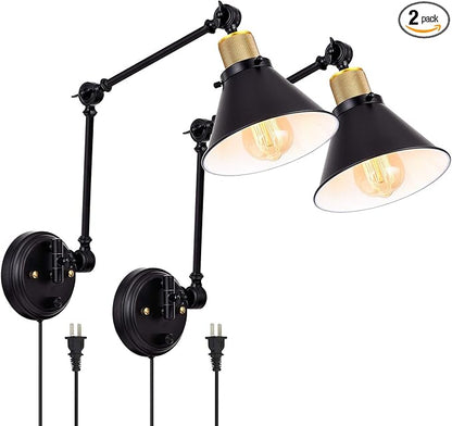 TRLIFE Plug in Wall Sconces, Dimmable Wall Sconce Swing Arm Wall Lights Plug in, Adjustable Wall Mounted Light Wall Lights with 6FT Plug in Cord, E26 Base(Two Arms, 2 Pack)