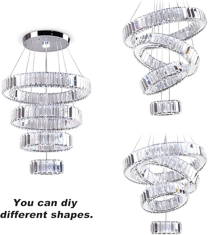 CLAIRDAI LED Crystal Chandeliers High Brightnes 4 Rings Adjustable Stainless Pendant Lighting Chandeliers for Bedroom Living Room Dining Room Dia 5.9-9.8"-13.8"-17.7" 6500K Cool White