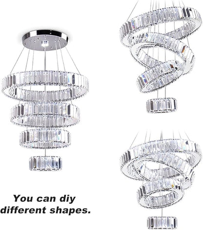 CLAIRDAI LED Crystal Chandeliers High Brightnes 4 Rings Adjustable Stainless Pendant Lighting Chandeliers for Bedroom Living Room Dining Room Dia 5.9-9.8"-13.8"-17.7" 6500K Cool White