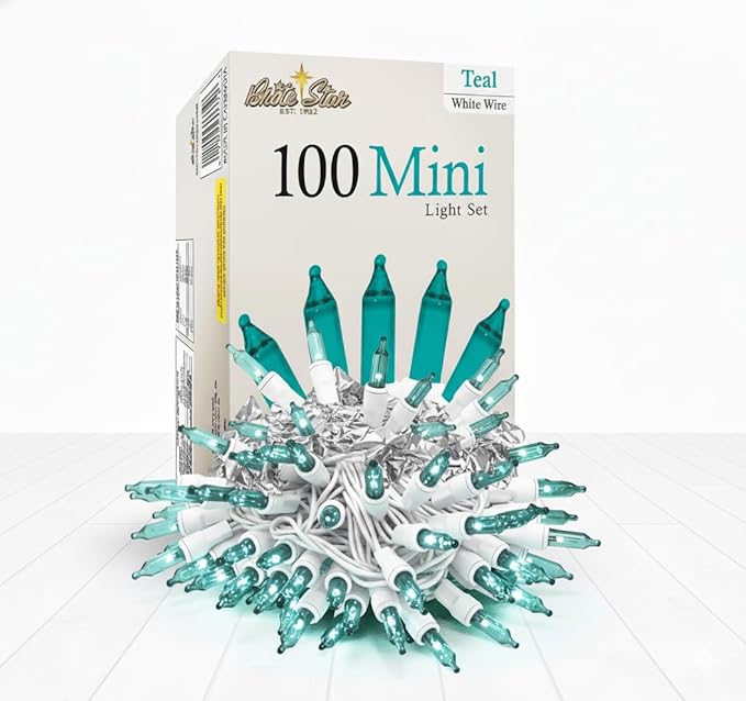 Brite Star 100 Count Mini String Christmas Lights, Teal - 22 feet Indoor/Outdoor Christmas Tree Lights with White Wire