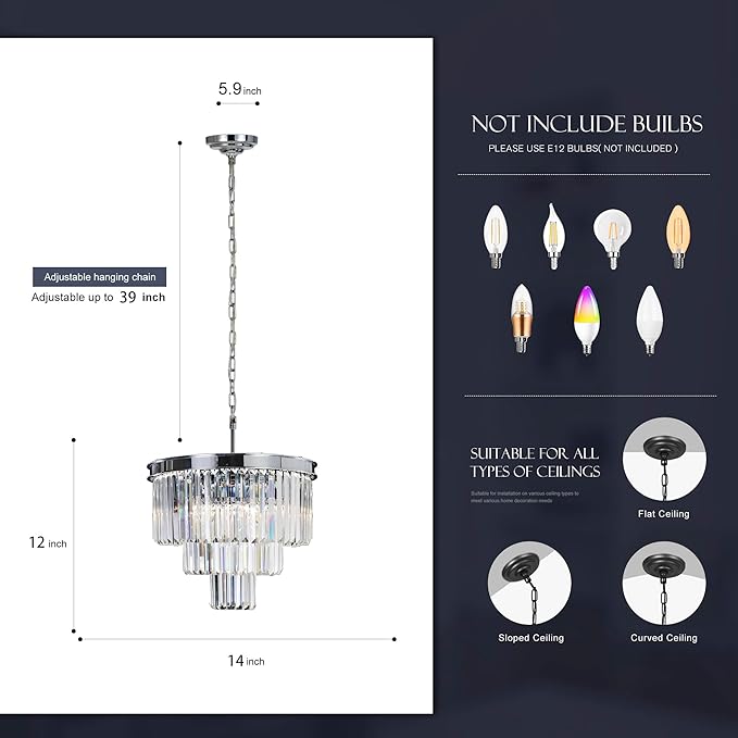 Crystal Chrome Chandelier Modern Chandeliers Lighting 4 Lights Pendant Ceiling Light Fixture 3-Tier for Dining Room Living Room Kitchen Island