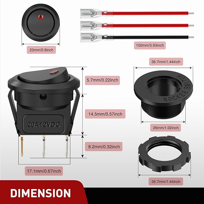 Nilight 1PC Round Rocker Switch with Shell 12V 24V 20A Red LED Toggle swtich with 16AWG Wires SPST 3Pin 2 Position for Car Truck Vehicle Boat Marine Rocker On Off Control